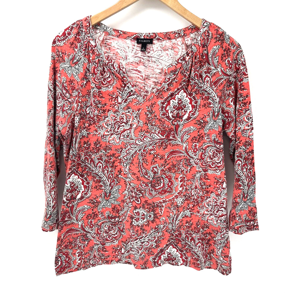 Talbots Blouse Womens Large Floral Paisley V-Neck 3/4 Sleeve Pink White Shirt